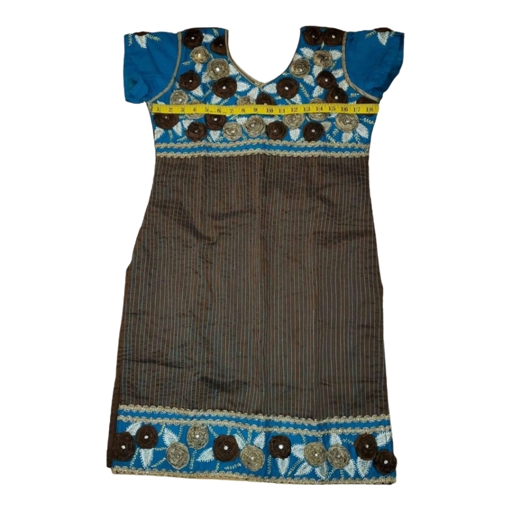 Teal, Gold, Brown Embroidered Floral Kurti with Rhinestones Size 36 - Picture 4 of 7